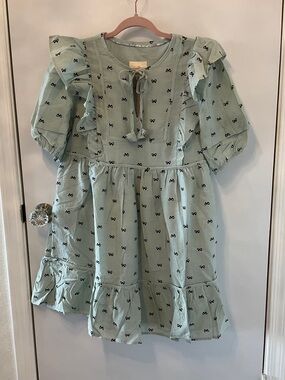 Umgee Mint Green Ruffle-Trim Bow-Print Casual Dress Size Small NWT